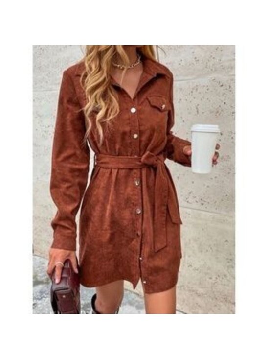 Dresses & Skirts - Corduroy Rust Brown Casual Button Up Shirt Style Belted Mini Dress Long Sleeves
